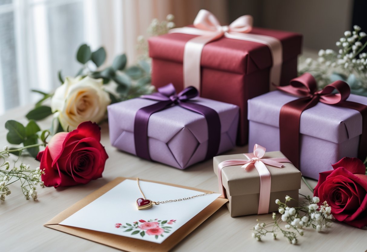A table with wrapped birthday gifts, red and white roses, a jewelry box with a garnet necklace, and a floral greeting card in a softly lit room.