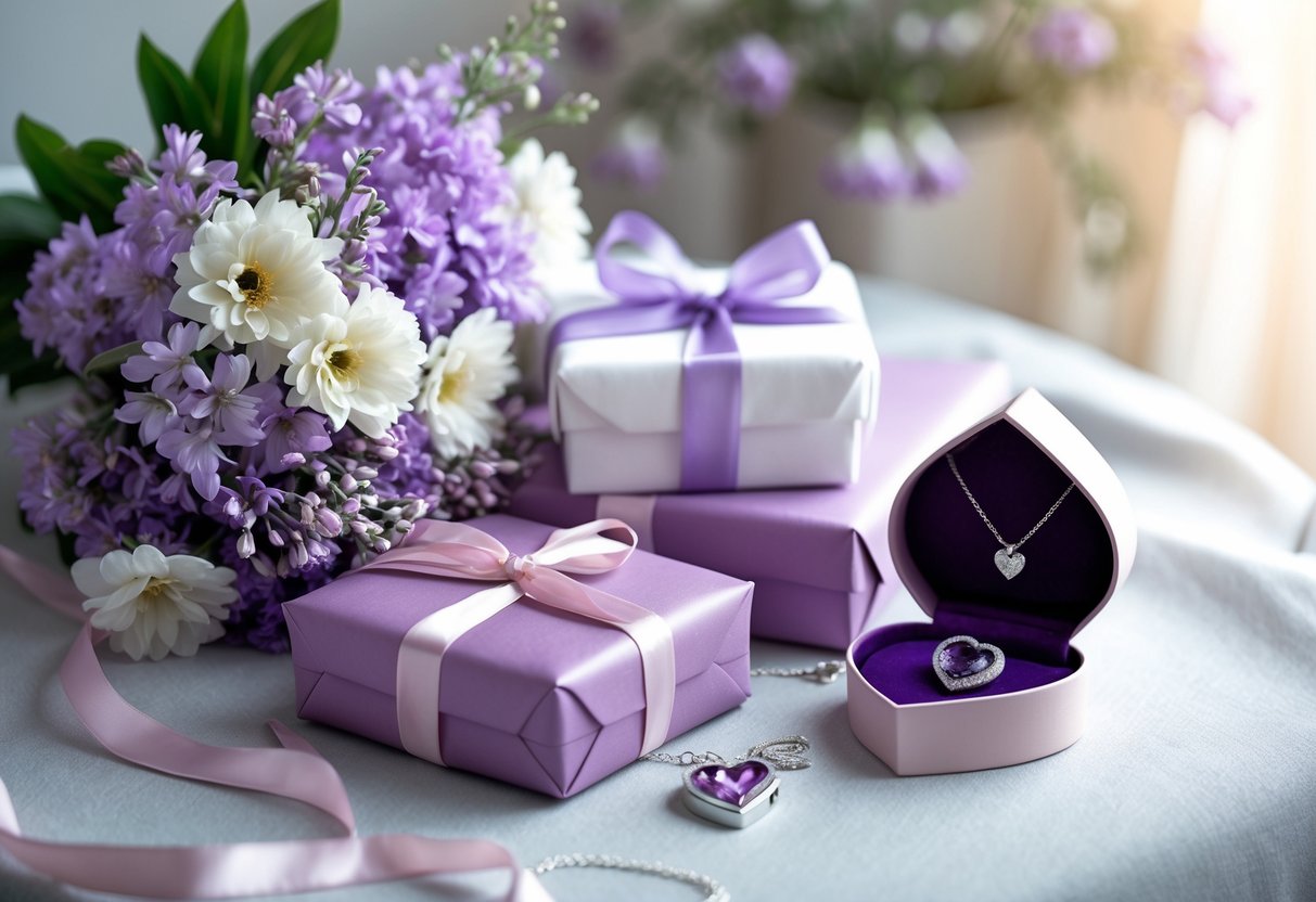A close-up of wrapped gifts, a heart-shaped jewelry box with an amethyst pendant, and a bouquet of purple and white flowers on a softly lit surface.
