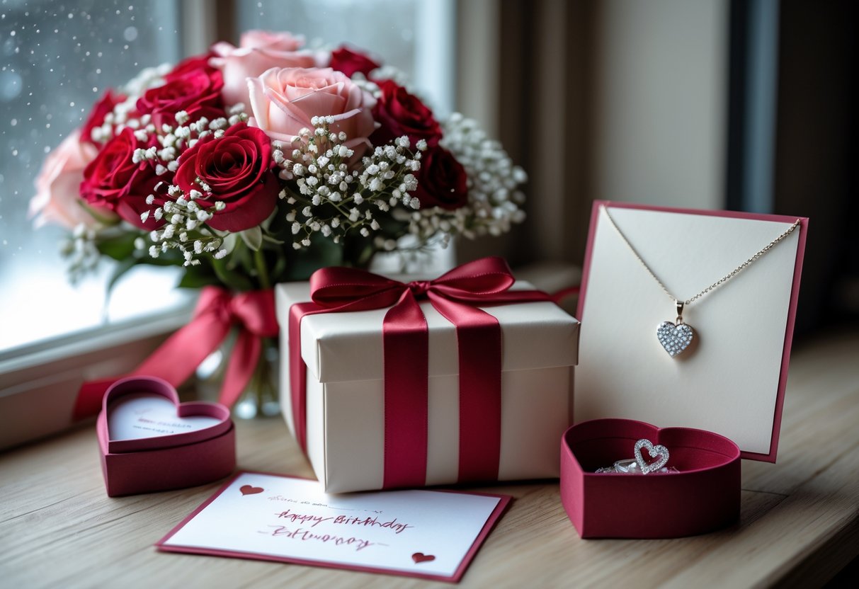A cozy indoor scene with a bouquet of roses, a wrapped gift box, a birthday card, and an open heart-shaped jewelry box with a necklace, with snow visible outside the window.