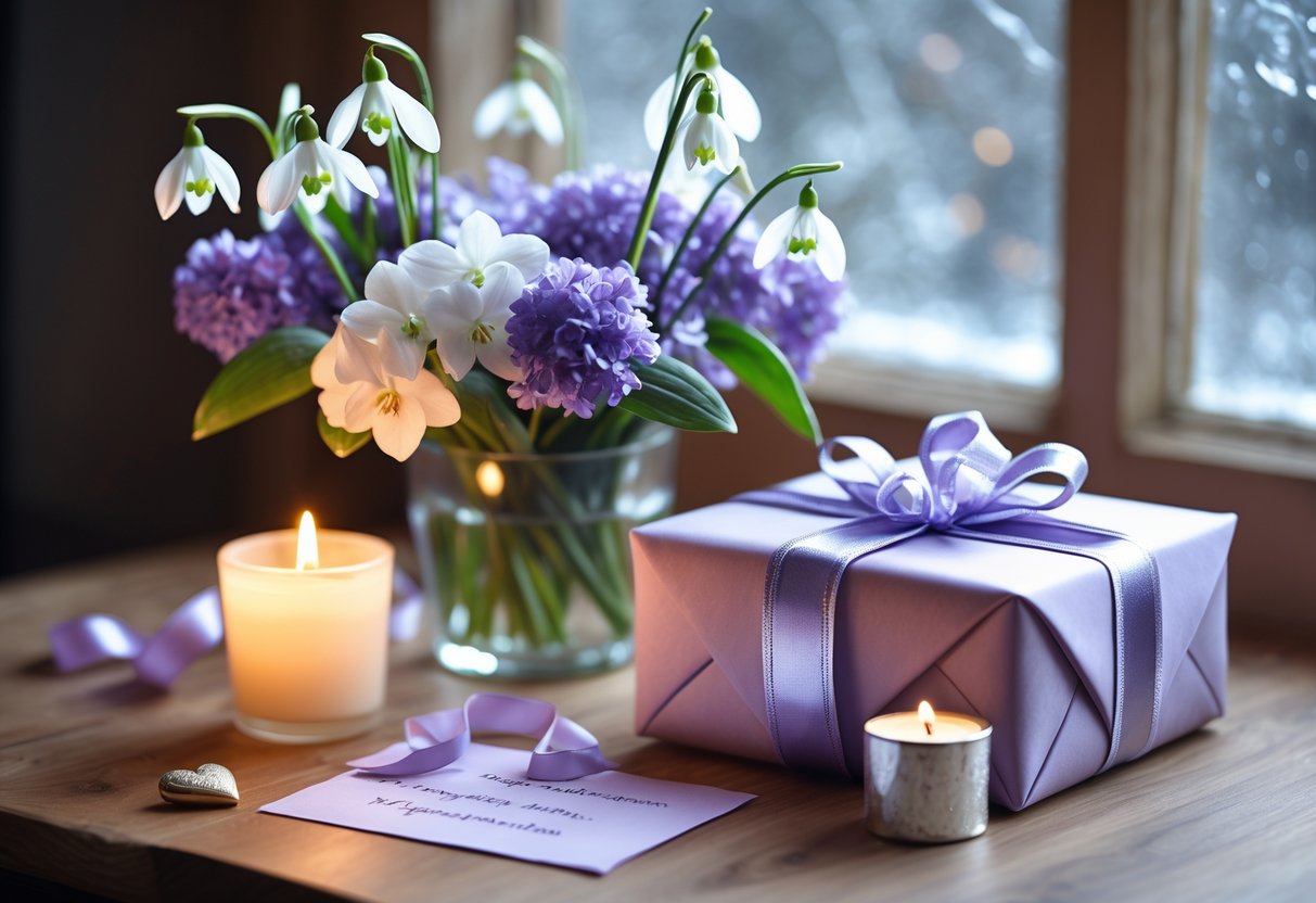 A cozy table with a bouquet of purple and white flowers, a wrapped gift box with lavender ribbons, a lit candle, and a handwritten note near a frosted window.