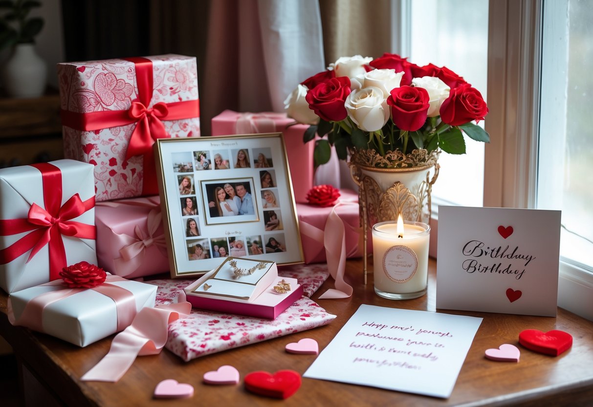 A cozy table with personalized birthday gifts for her, including a jewelry box, photo collage, bouquet of roses, scented candle, and a handwritten card.