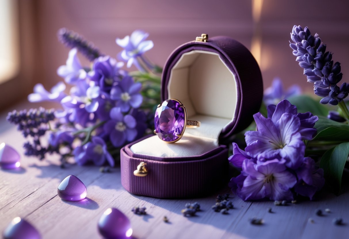 A close-up of an amethyst gemstone in a jewelry box next to purple flowers on a wooden surface with soft natural light.