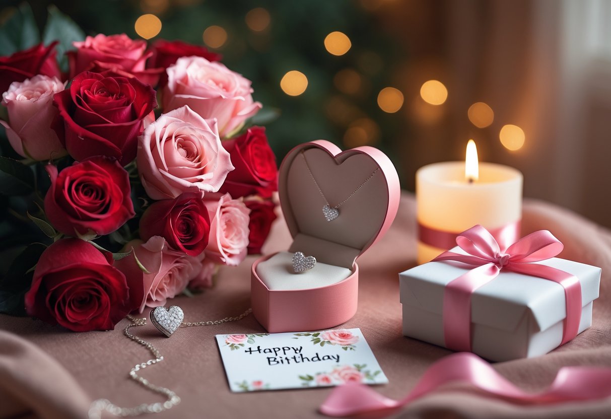 A romantic birthday gift arrangement with roses, a heart-shaped jewelry box containing a necklace, a handwritten card, and a wrapped gift on a softly lit table.