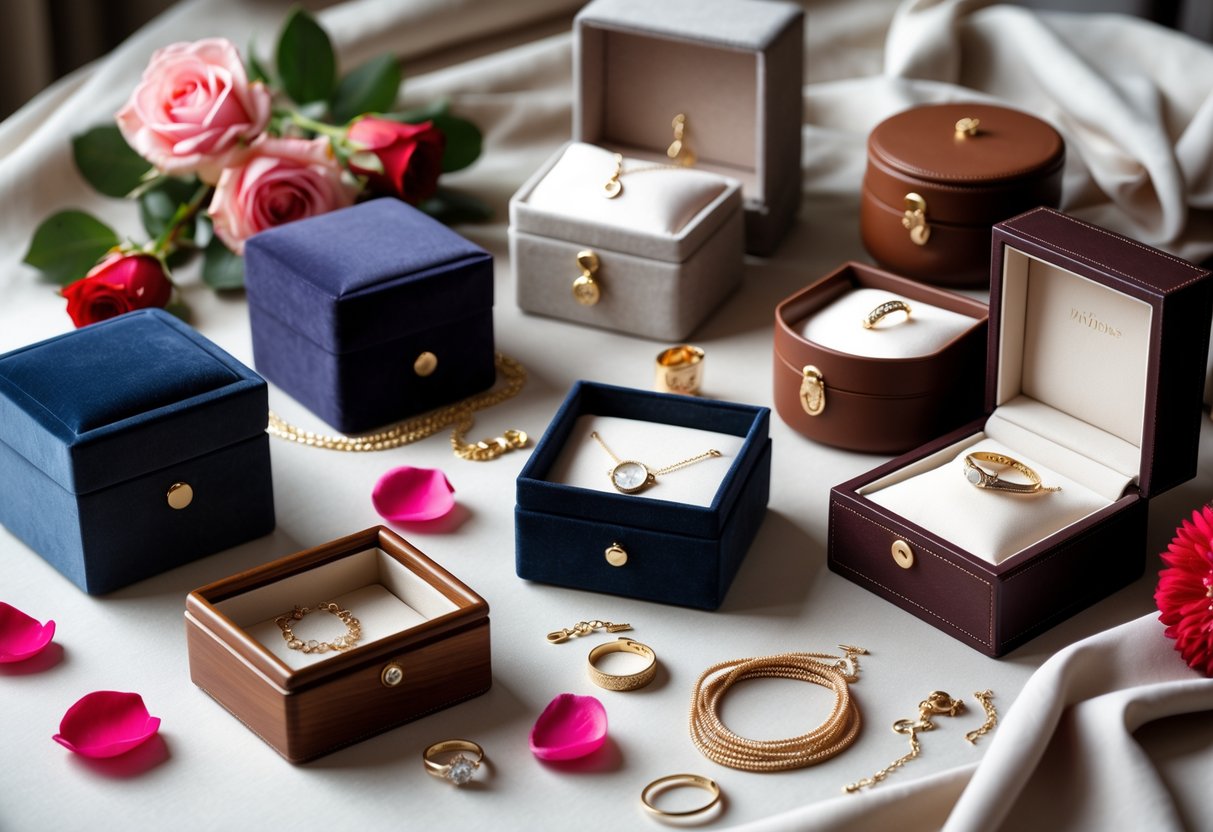 A display of elegant jewelry boxes and keepsake containers with jewelry inside, surrounded by rose petals and flowers.
