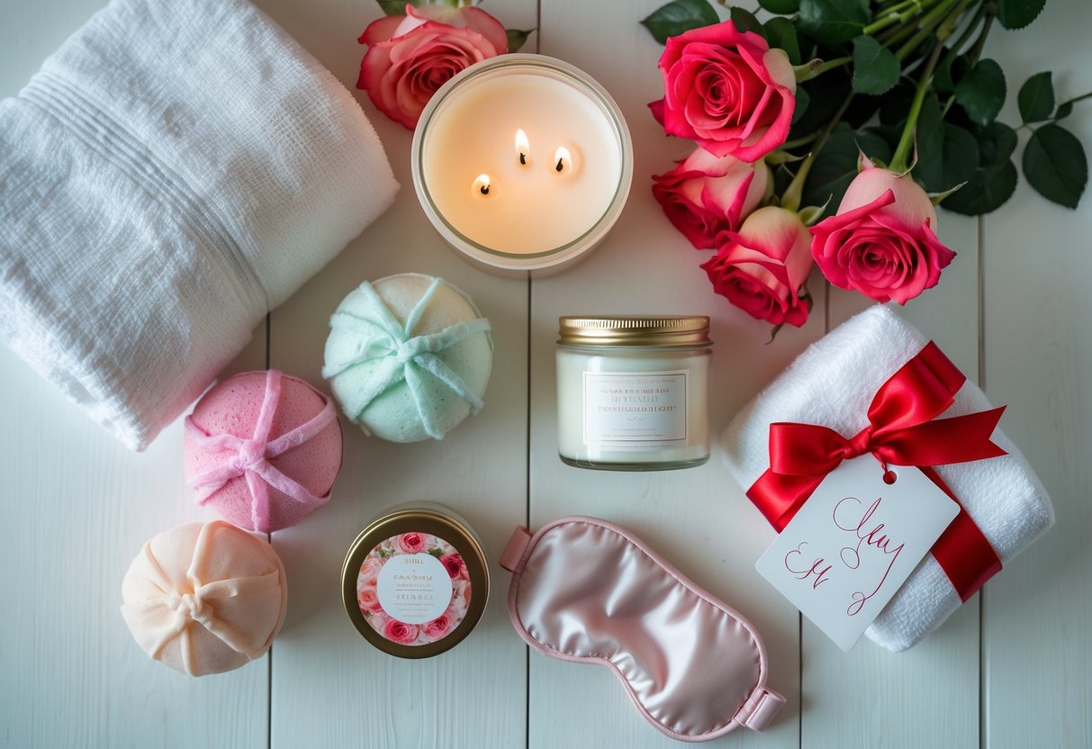 Flat lay of self-care gifts including bath bombs, candles, towel, roses, body cream, and silk eye mask arranged on a light wooden surface.