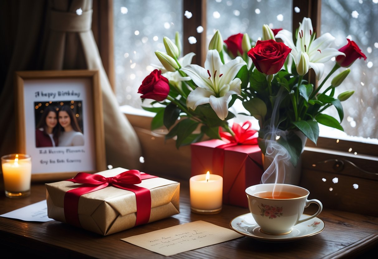 A cozy table with wrapped birthday gifts, winter flowers, a cup of tea, a handwritten card, and a lit candle near a window showing falling snow.
