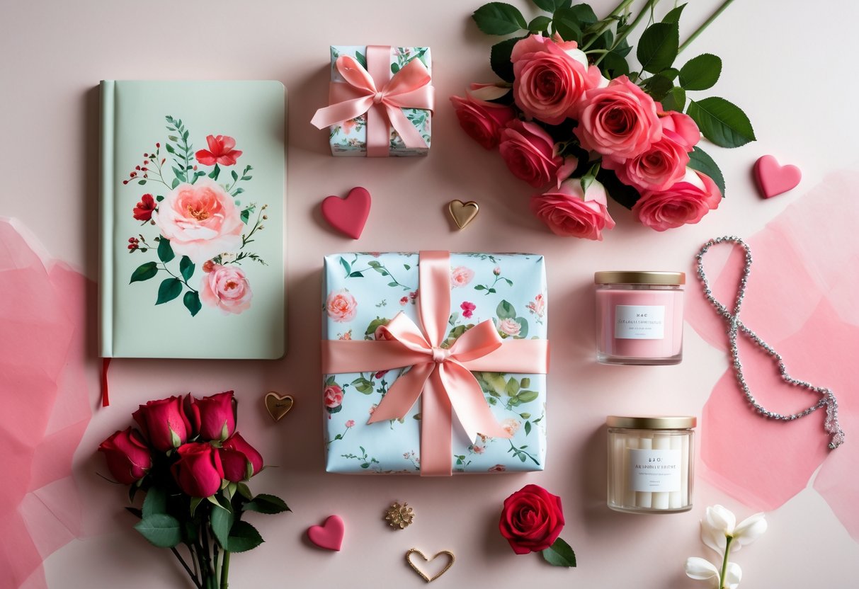 A flat lay of artistic birthday gifts including flowers, a journal, candles, and a jewelry box arranged on a pastel background.