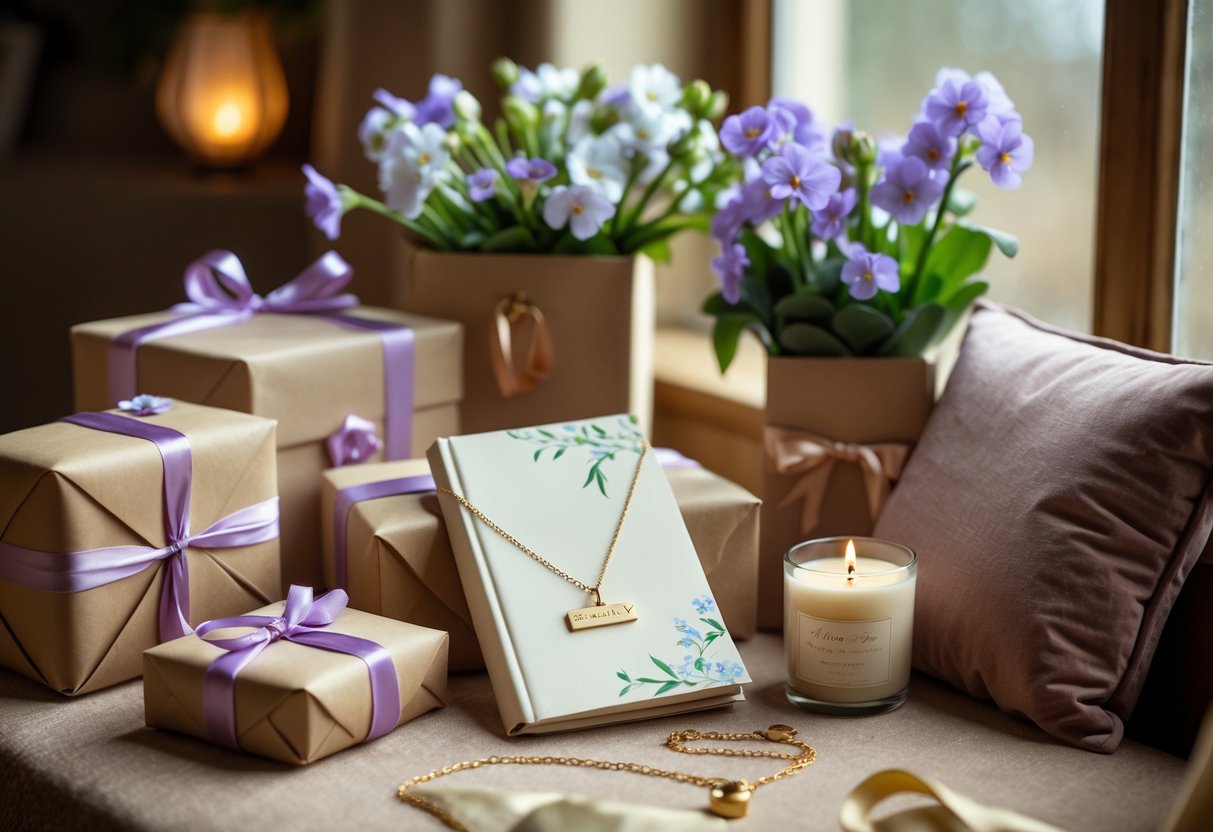 A cozy indoor scene with wrapped birthday gifts, fresh flowers, a candle, a journal, and a necklace arranged on a table.