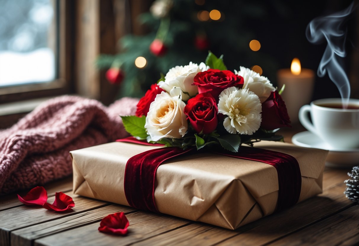 A beautifully wrapped birthday gift with red ribbon and flowers on a wooden table, surrounded by cozy winter items like a scarf and a cup of tea.