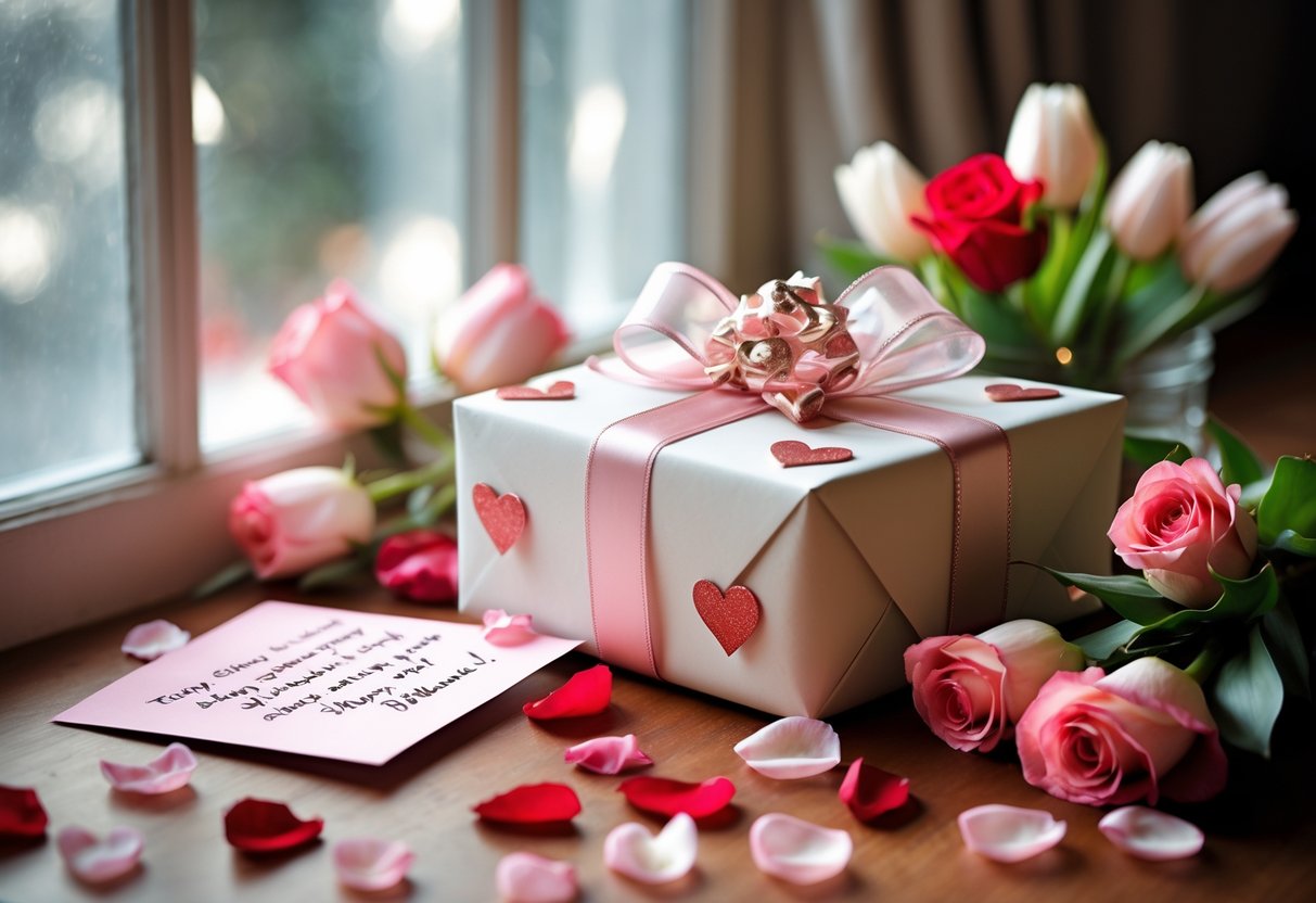 A wrapped birthday gift with heart decorations on a table surrounded by rose petals, flowers, and a handwritten card.