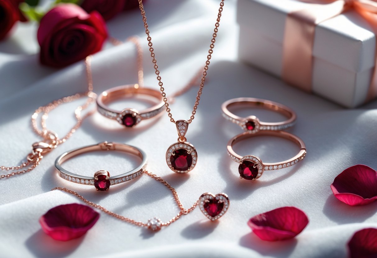 Close-up of personalized silver and rose gold jewelry with red garnet gemstones arranged on a white velvet surface with rose petals and a gift box nearby.