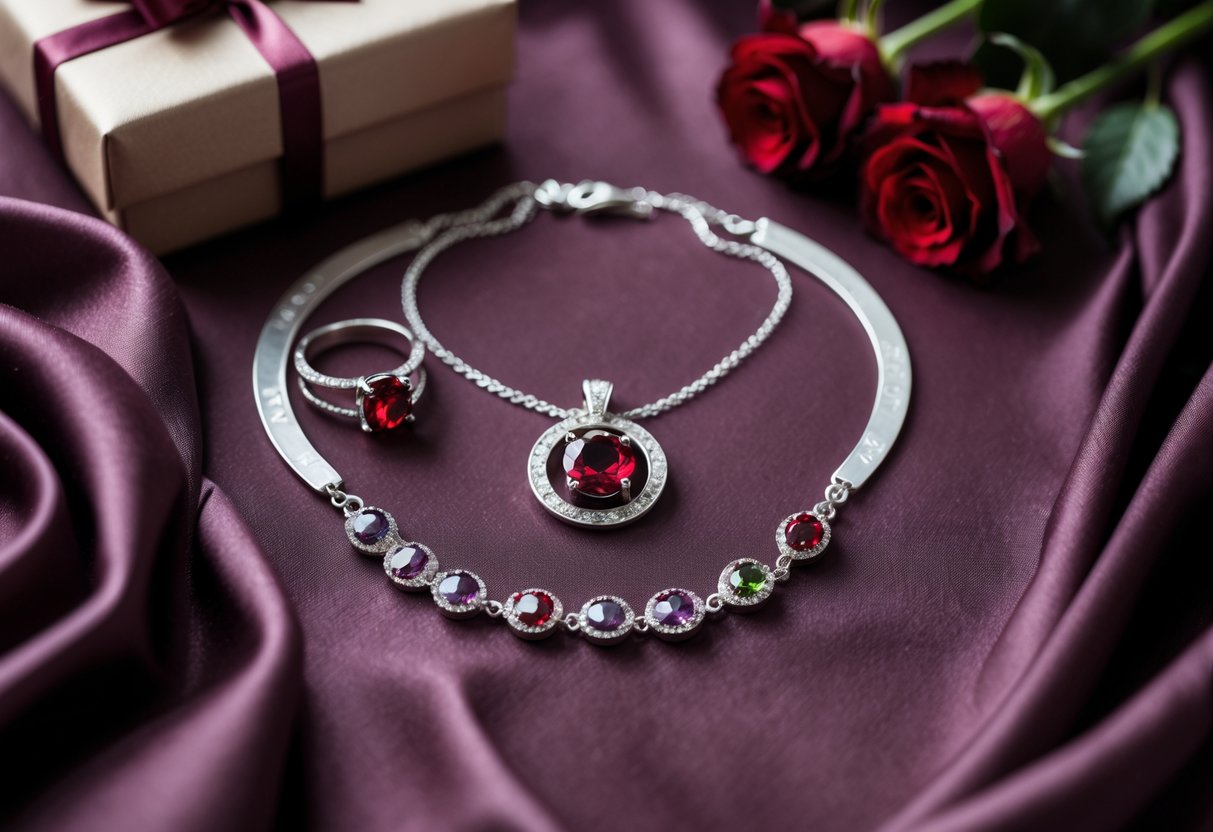An elegant display of personalized jewelry with red birthstone pendants and engraved details, arranged on velvet cloth with red roses and a gift box in the background.