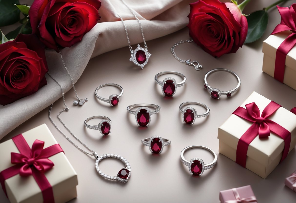 An arrangement of garnet gemstone jewelry including rings, necklaces, and bracelets displayed with red roses and gift boxes on a soft background.