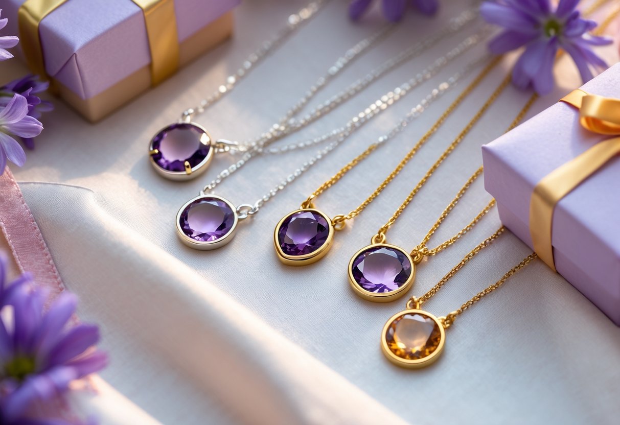 Close-up of several delicate personalized necklaces with purple birthstone pendants arranged on soft fabric with purple flowers and gift boxes nearby.