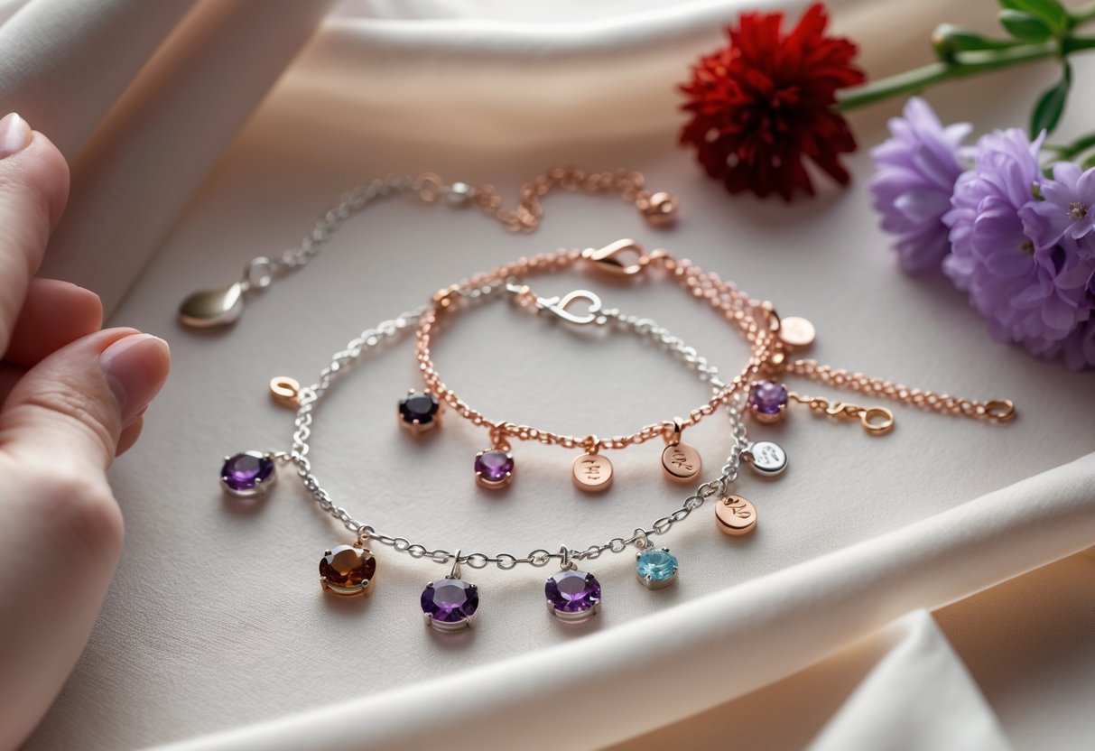 Close-up of elegant bracelets with purple and red gemstones displayed on soft fabric with flowers and a hand reaching towards them.