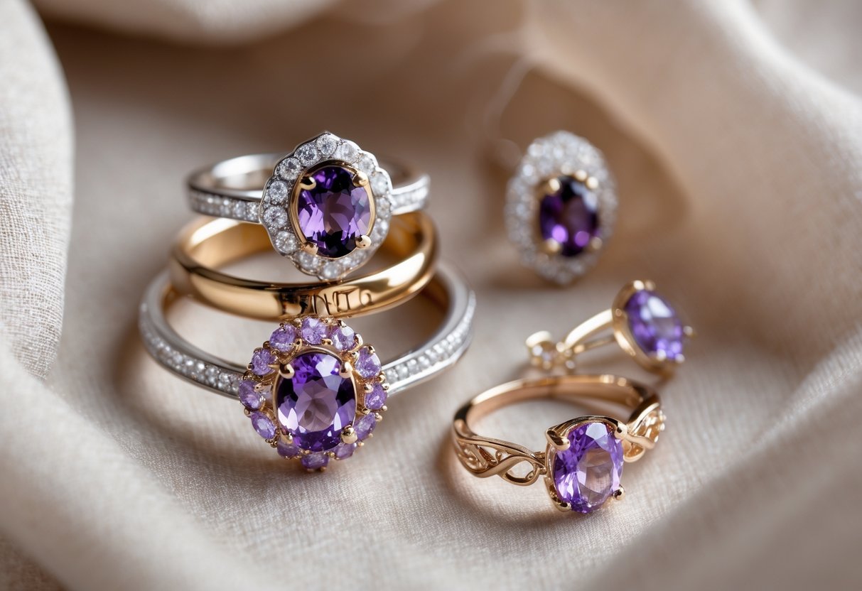 Close-up of elegant rings and earrings with purple gemstones arranged on soft fabric, highlighting their shine and detail.