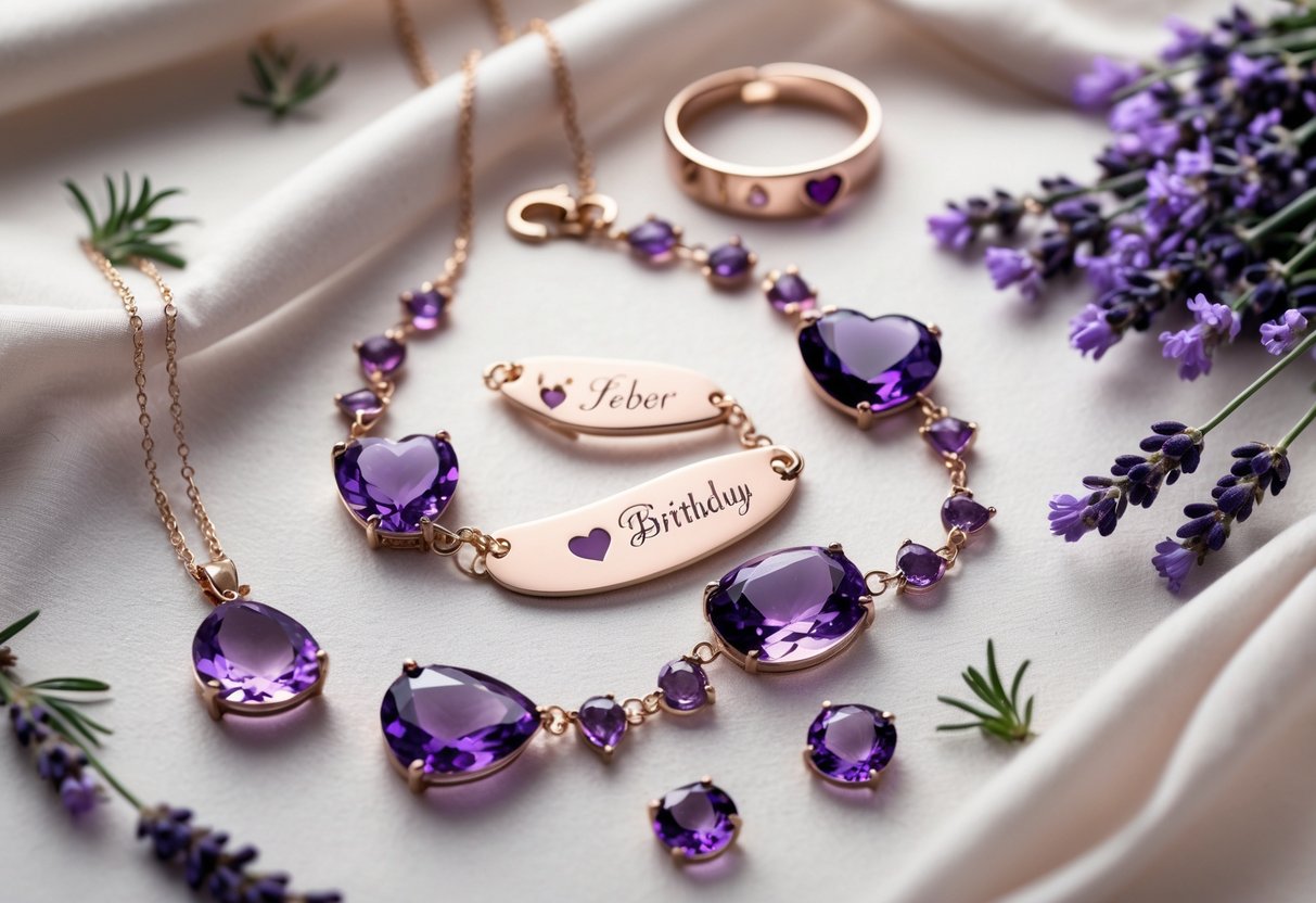 Close-up of personalized amethyst jewelry including necklaces, rings, and bracelets arranged on soft fabric with lavender sprigs and rose petals.