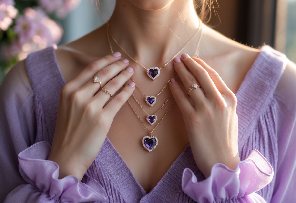 Close-up of a woman's hands and neckline wearing personalized amethyst jewelry and heart-shaped pendants, with soft pastel clothing and a blurred warm background.