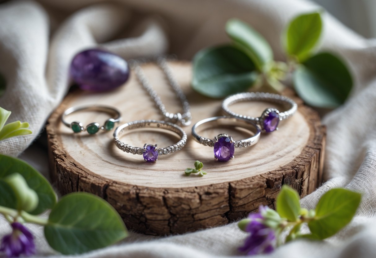 Close-up of elegant personalized jewelry with purple gemstones arranged on natural materials with green leaves.