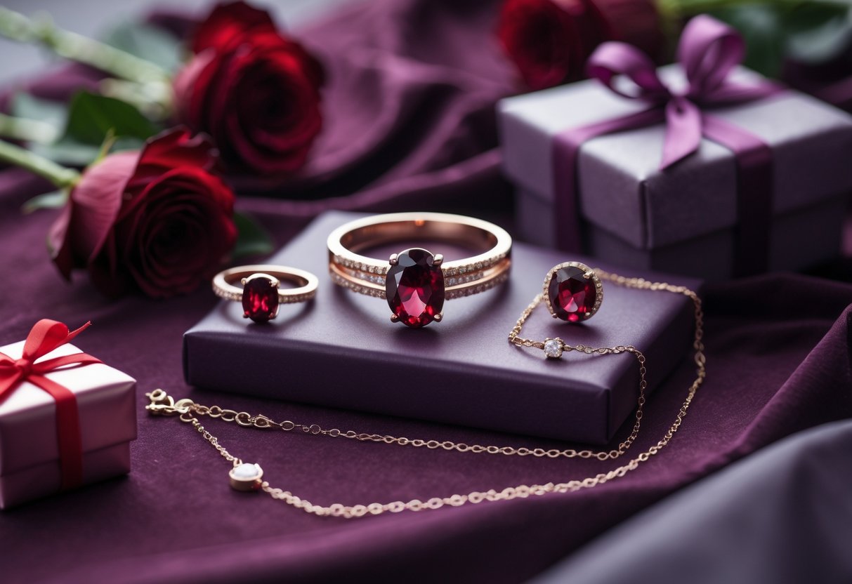 A close-up of personalized garnet jewelry including rings and necklaces arranged on a velvet surface with red roses and gift boxes nearby.