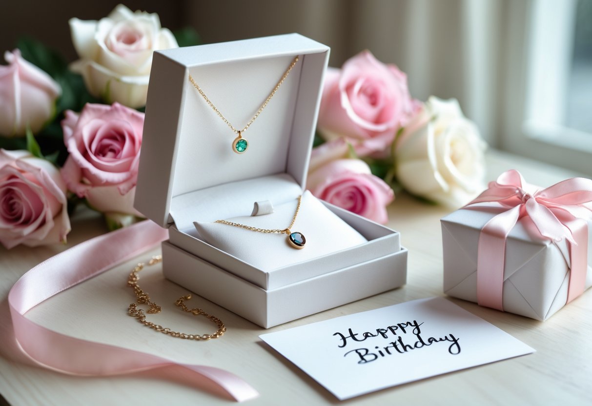 A birthday gift arrangement with a personalized jewelry box displaying a necklace with a birthstone charm, surrounded by roses, a wrapped gift, and a birthday card on a wooden table.