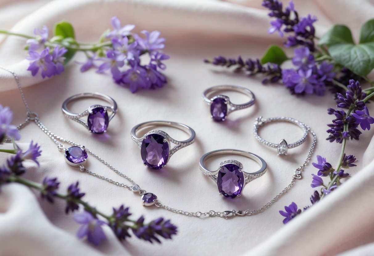 A close-up of personalized amethyst jewelry including rings, necklaces, and bracelets arranged with small purple flowers on a light fabric background.