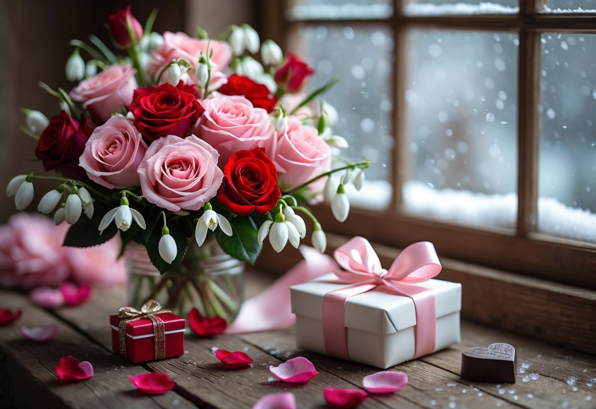 A romantic birthday gift setup with roses, a wrapped present, chocolates, and a snowy window in the background.