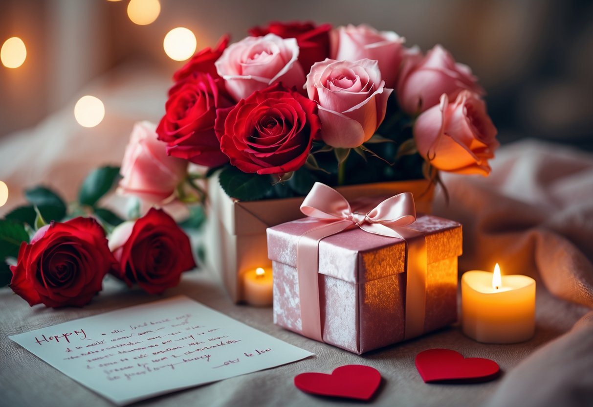 A table with red and pink roses, a velvet gift box with a satin ribbon, a handwritten note, and a glowing heart-shaped candle.