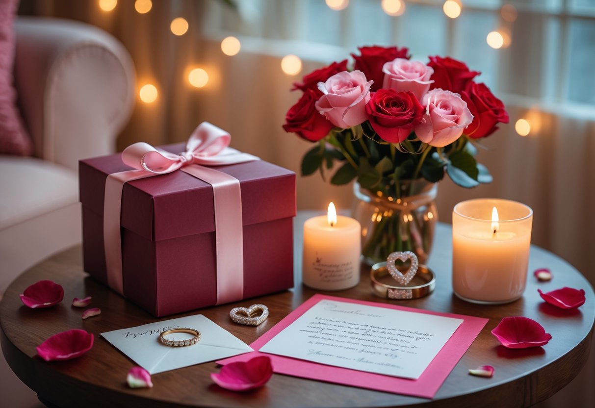 A cozy table with a wrapped gift box, engraved jewelry, a love letter, red and pink roses, rose petals, and a lit candle, creating a romantic birthday setting.