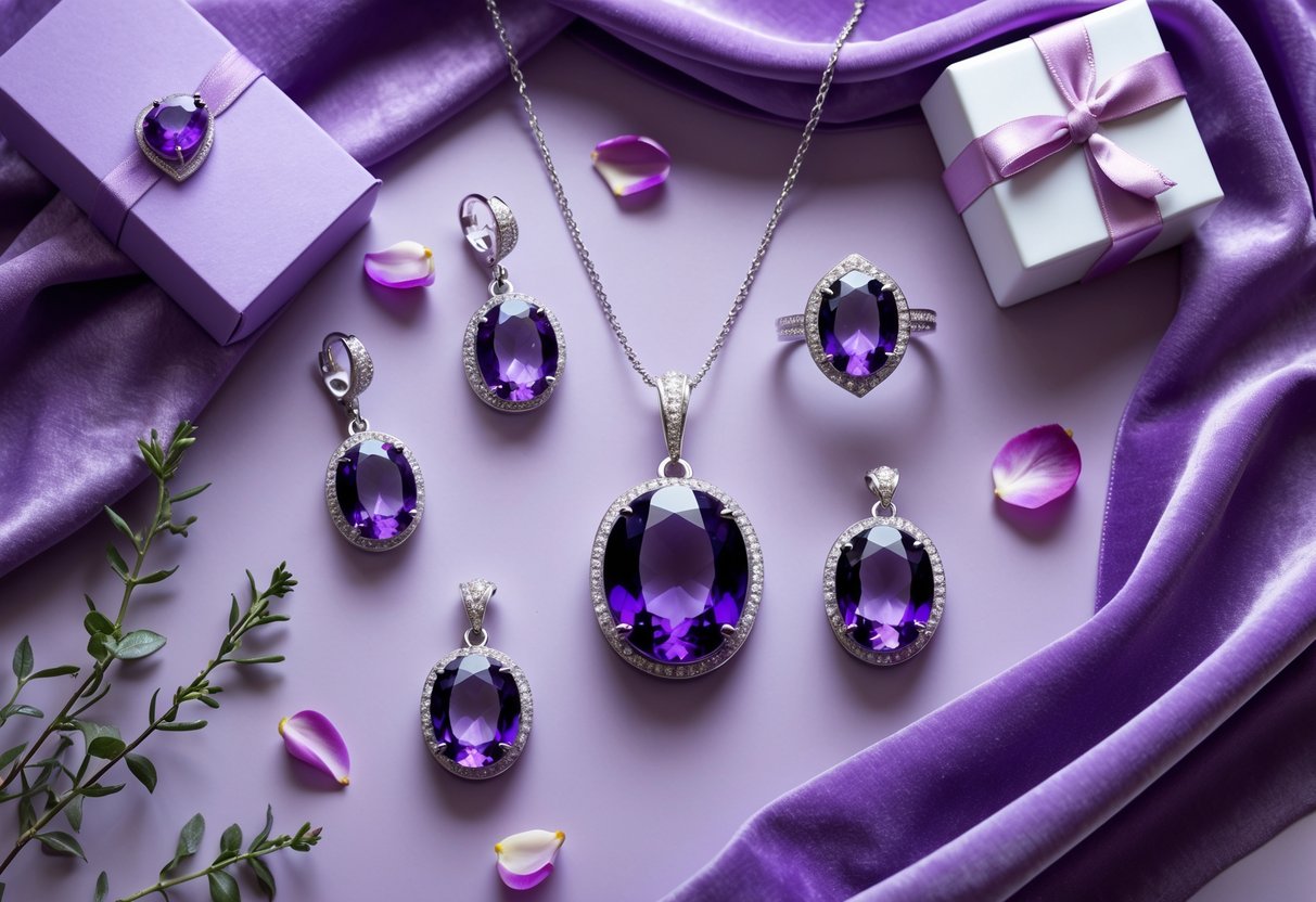 A flat lay of amethyst jewelry including a necklace, earrings, and ring surrounded by rose petals and a small gift box on a purple velvet background.
