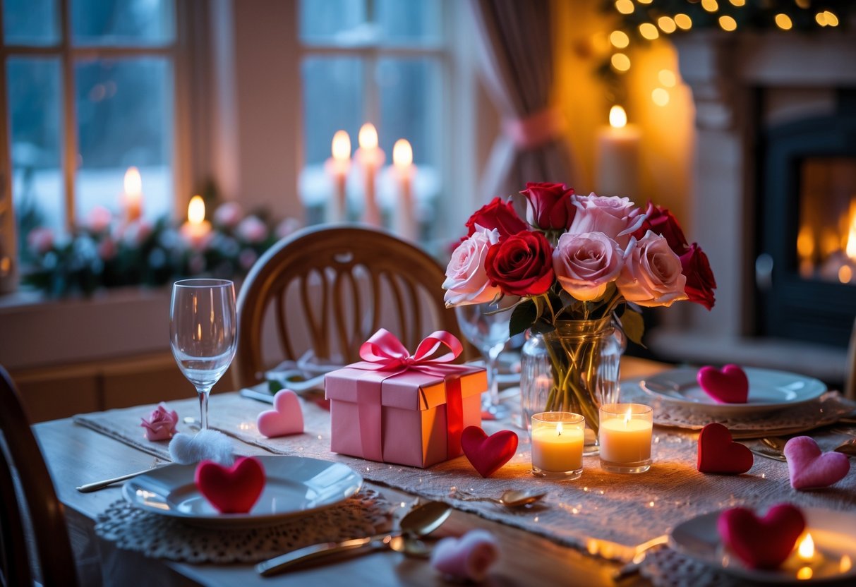 A cozy dining table set for a romantic February birthday date night with candles, roses, a wrapped gift, and a softly glowing fireplace visible through a window with snow outside.