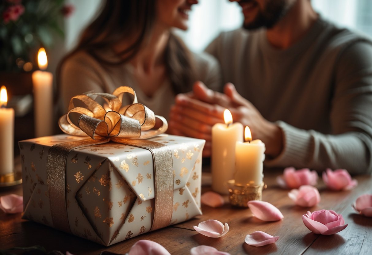 A couple holding hands near a wrapped gift box with candles and rose petals on a wooden table.