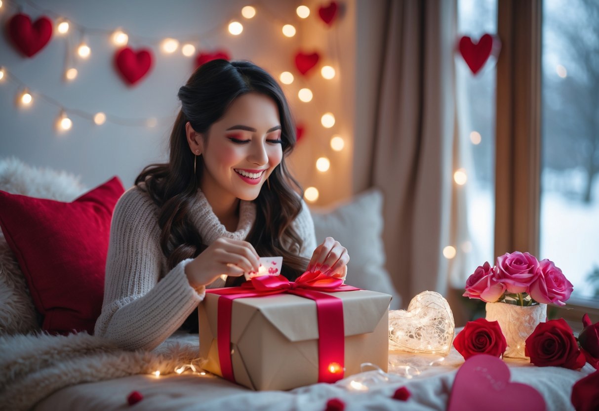A woman happily opening a gift box in a cozy room decorated with roses and fairy lights, with a snowy scene visible through the window.