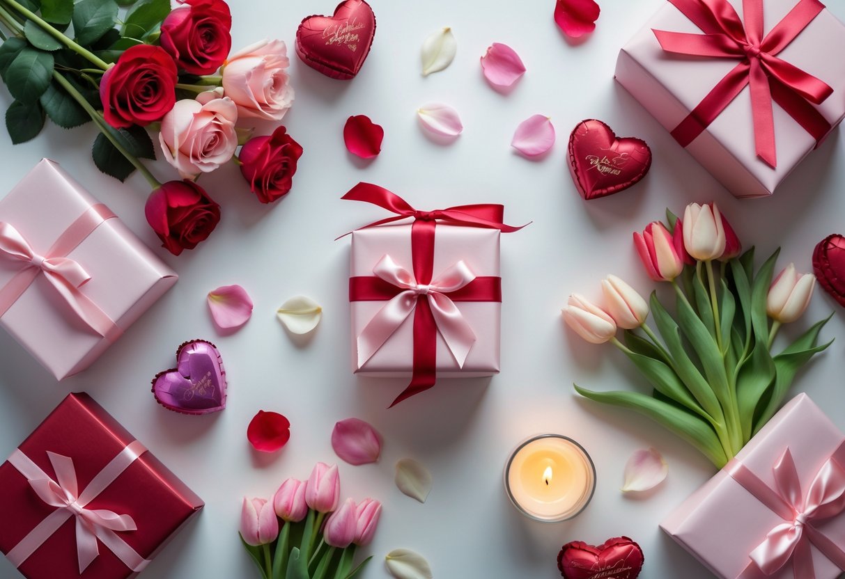 A flat lay of romantic February birthday gifts for her, including wrapped boxes, roses, chocolates, tulips, and a lit candle on a white surface.