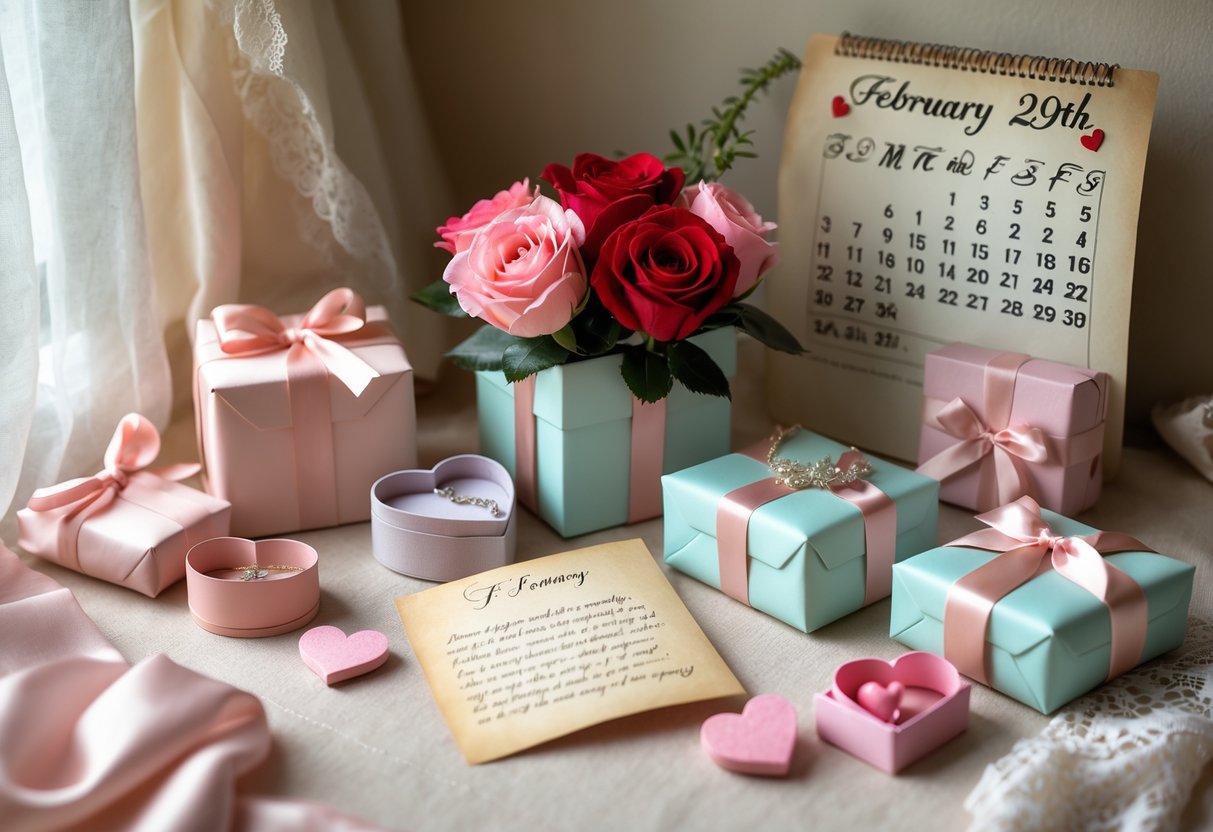 A romantic arrangement of gifts including roses, a heart-shaped jewelry box with a necklace, a love note, and a calendar page showing February 29th.
