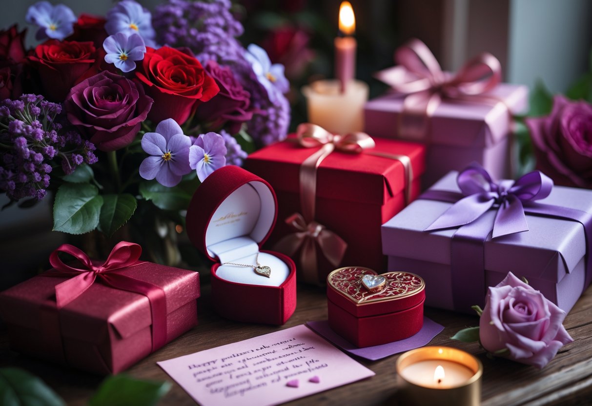 A cozy scene with wrapped birthday gifts, red and purple flowers, a heart-shaped jewelry box with a necklace, glowing candles, and a handwritten note.