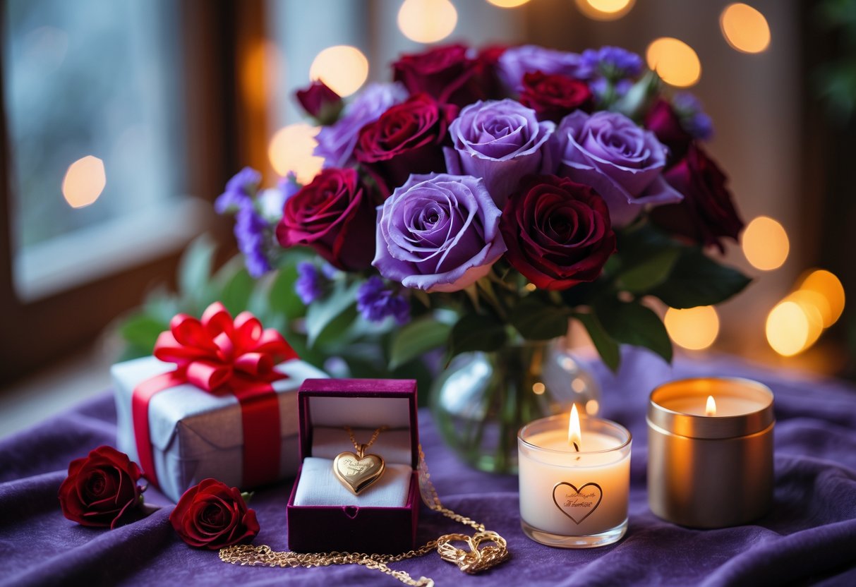 A romantic arrangement of flowers, a wrapped gift box, a heart-shaped necklace, and a lit candle on a softly lit surface.