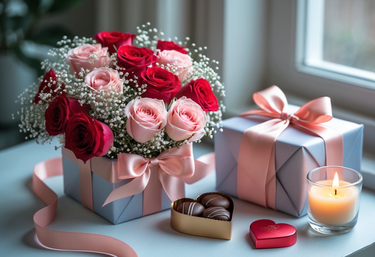 A bouquet of red and pink roses, a wrapped gift box with a ribbon, a heart-shaped box of chocolates, and a lit candle arranged on a table.