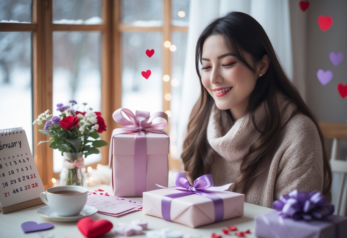 A young woman smiling indoors with birthday gifts and flowers, next to a window showing a snowy winter scene.