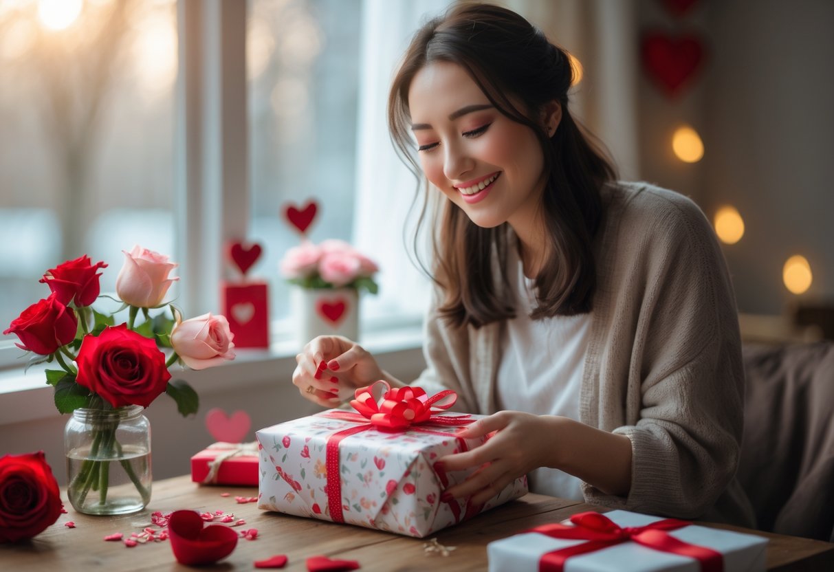 A young woman smiling as she unwraps a birthday gift in a cozy room decorated with flowers and heart-shaped accents.