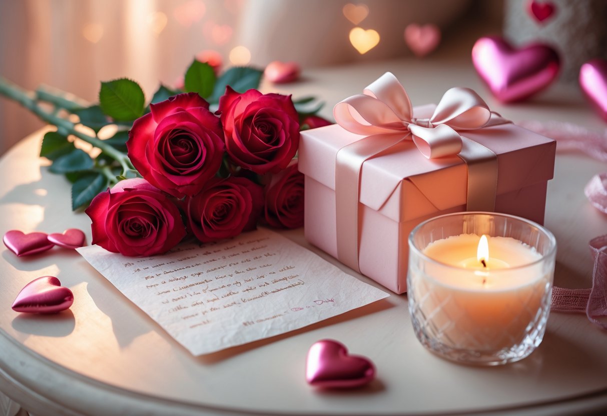 A romantic gift setup with roses, a wrapped gift box, a handwritten letter, and a lit candle on a wooden table.
