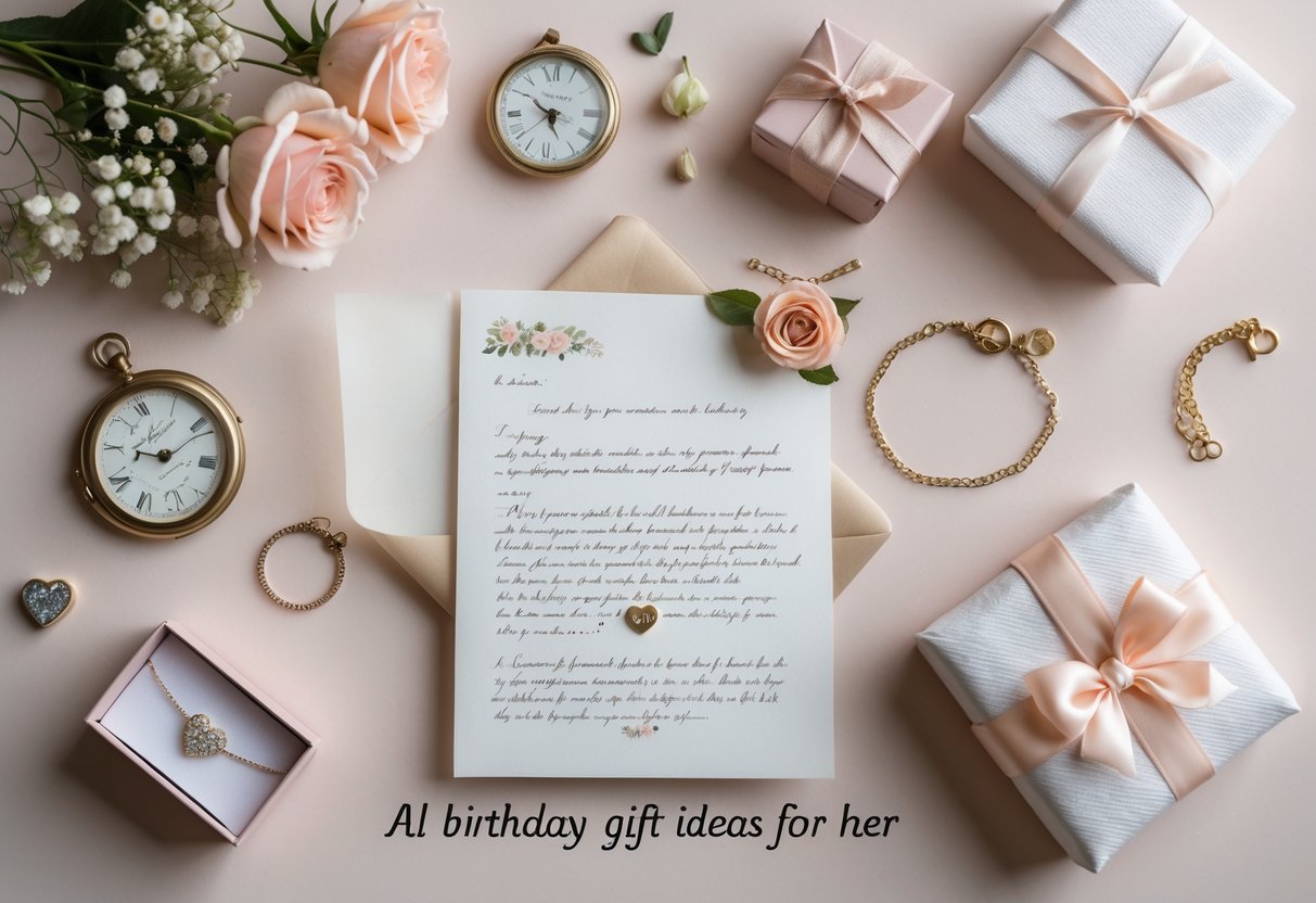 A flat lay of sentimental keepsakes including a vintage locket, handwritten letter, fresh flowers, jewelry box with bracelet, and a wrapped gift on a pastel background.