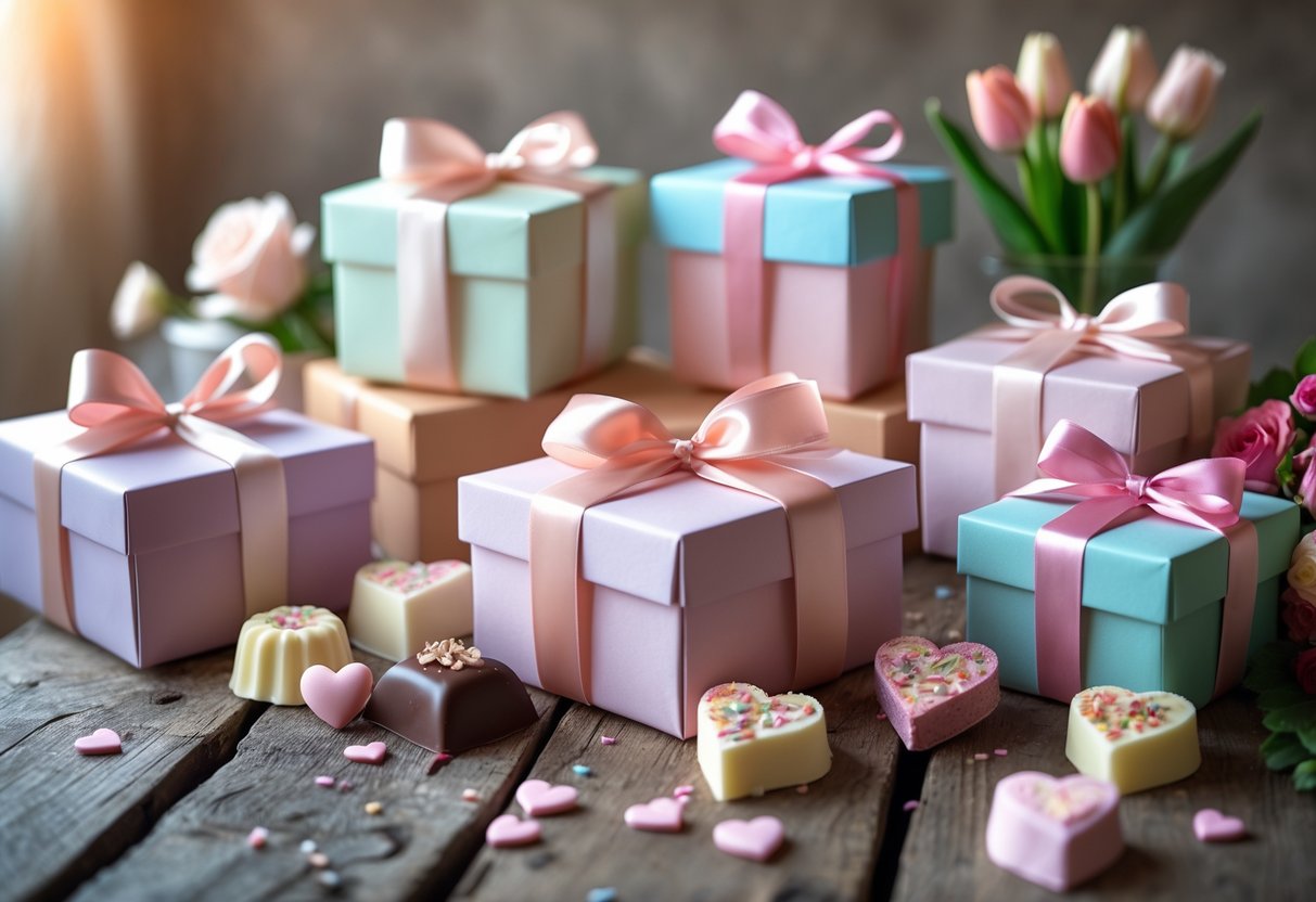 A table with pastel gift boxes, heart-shaped chocolates, candies, and fresh flowers arranged as birthday gifts.