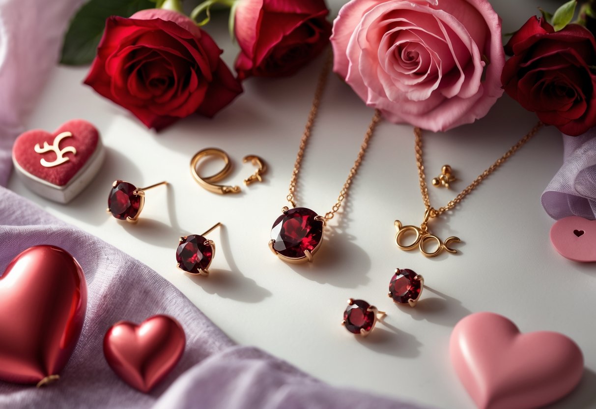 A flat lay of garnet jewelry, red and pink roses, heart-shaped decorations, and zodiac symbols on a softly lit surface.