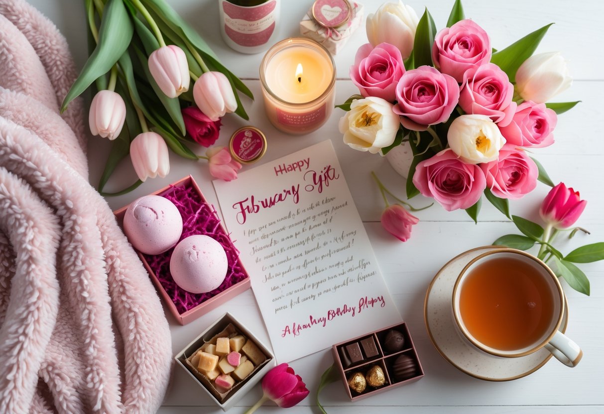 A flat lay of pampering and self-care items including candles, flowers, chocolates, bath bombs, a handwritten note, and a cup of tea arranged on a light wooden surface.