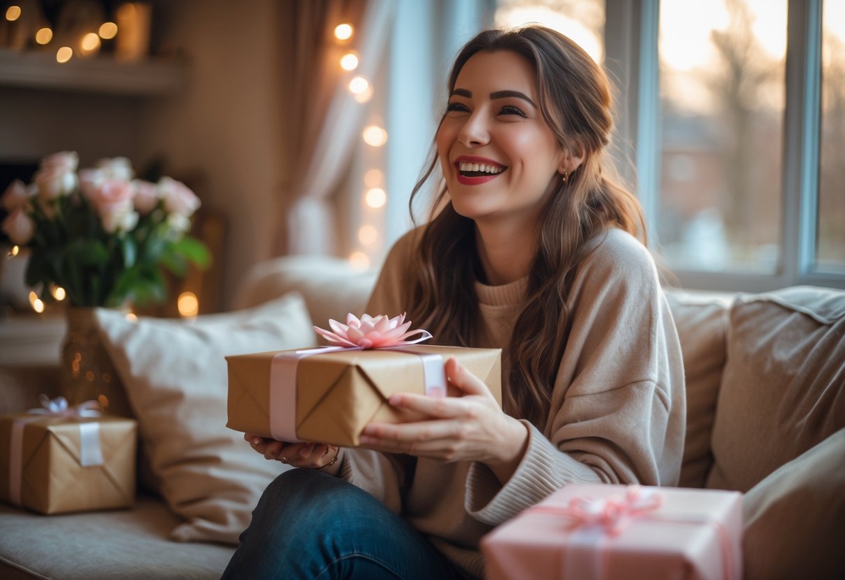 A young woman smiling happily as she receives a gift in a cozy living room decorated with fairy lights and flowers.