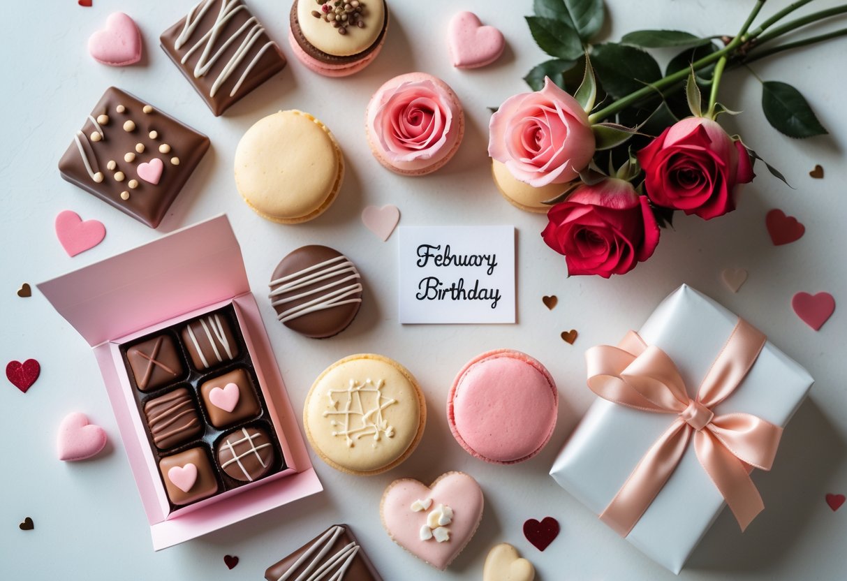 A flat lay of chocolates, pastel macarons, red and pink roses, and a wrapped gift box arranged on a light surface.