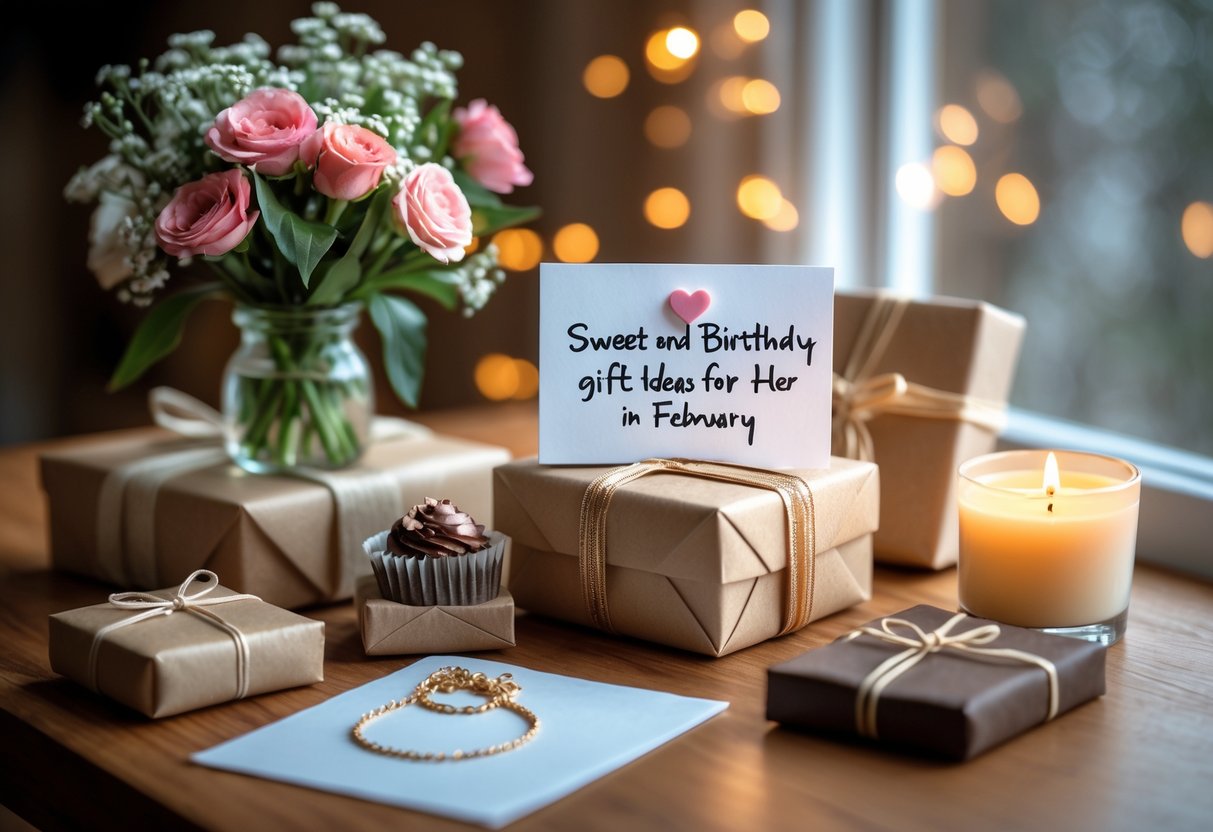 A cozy arrangement of small birthday gifts including flowers, a handwritten card, jewelry, chocolates, and a candle on a wooden table.