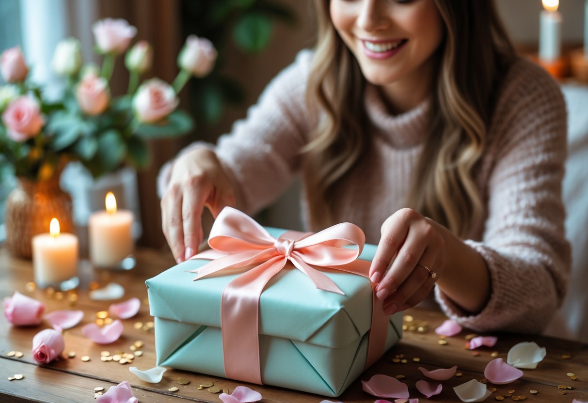 A young woman happily receiving a beautifully wrapped birthday gift with rose petals and candles in a cozy room.