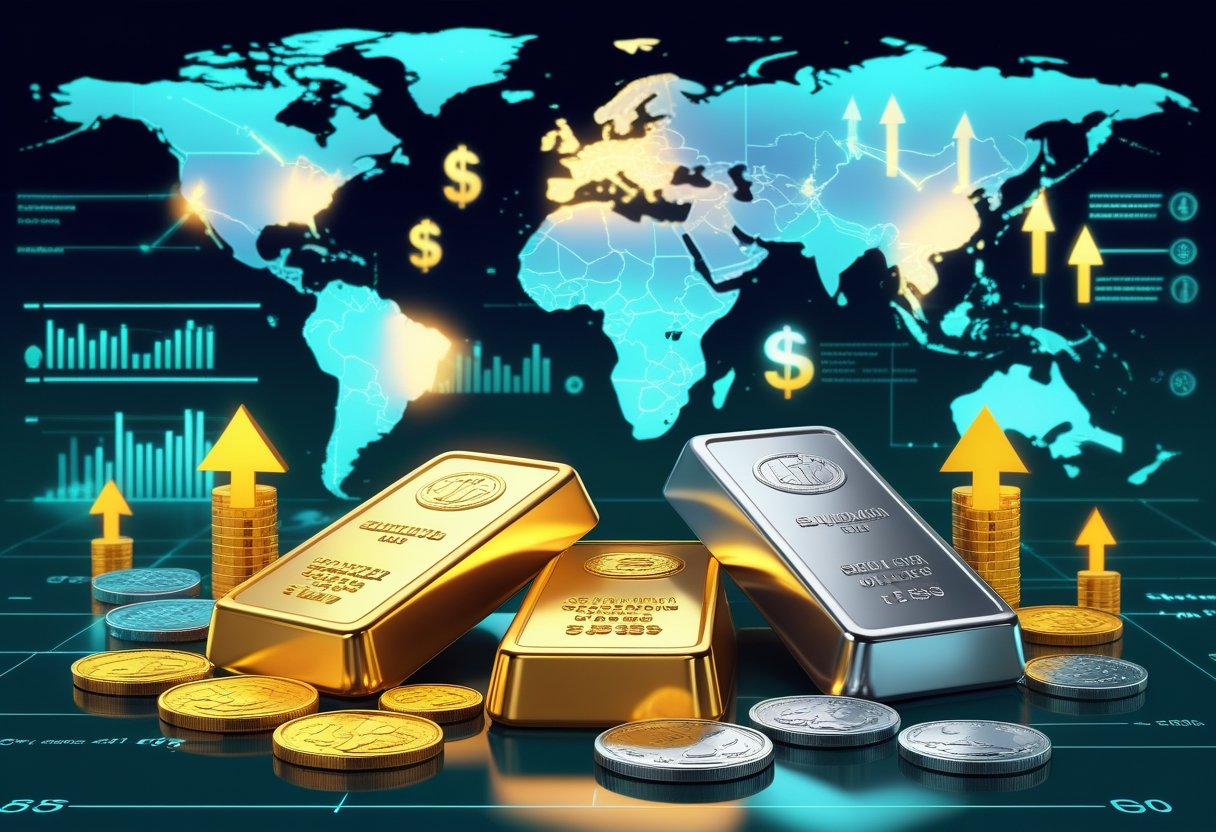 Illustration showing gold and silver bars and coins in front of a world map with financial charts and symbols representing global economic factors.